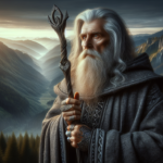 Portrait réaliste de l'acteur Ian McKellen en Gandalf le Gris de "Le Seigneur des Anneaux" avec décor de la Terre du Milieu.